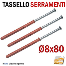 Carica l'immagine nel visualizzatore di Gallery, Tasselli con vite testa larga svasata per esterno per serramenti adatti per fissare il serramento. Prolungati in Nylon alta portata professionali foro 8mm D8x80 Torx AW30 Wurth 8cm