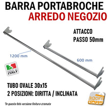 Carica l'immagine nel visualizzatore di Gallery, BARRA PORTABROCHE X CAVETTATO P50 CR SAT L 120cm APPENDIABITI PORTA ABITI ATTREZZATURA PARETE NEGOZIO passo 60cm passo 120cm
