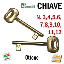Carica l'immagine nel visualizzatore di Gallery, CHIAVE X SERRATURA PORTA INTERNA BONAITI PATENT IN METALLO OTTONE N 3-4-5-6-7-8-9-10-11-12 CHIAVI OTTONATE 4C103100H2 ottonata ricambio chiave interna standard normale