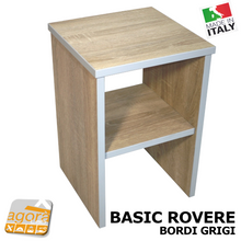 Carica l'immagine nel visualizzatore di Gallery, Comodino Tavolino Panchetta Servetto Pianetto con vano a giorno BASIC Rovere bordi grigi