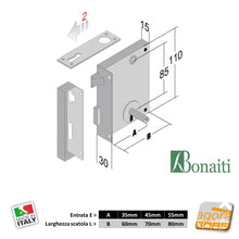 Carica l'immagine nel visualizzatore di Gallery, scheda dimensionale serratura portoncino o porte antiche con entrata 35-45-55 e larghezza 60-70-80 porte bonaiti door lock