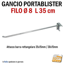 Carica l'immagine nel visualizzatore di Gallery, GANCIO IN FILO D8 L35cm CROMATO PER ARREDAMENTO NEGOZI BROCHE PORTABLISTER X TUBO RETTANGOLARE 35x15 - 30x15 - ganci per negozi di abbigliamento e store