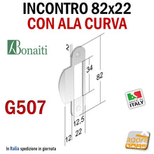 Carica l'immagine nel visualizzatore di Gallery, Riscontro Gaccia Cromo Opaco G507 Bonaiti 82x22 ALA CURVA x Serrature B-BITTER Meccaniche Contropiastra per porte interne reversibile con aletta curva mm 22x82 bordi tondi scheda dimensionale