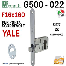 Carica l'immagine nel visualizzatore di Gallery, SERRATURA A GANCIO PORTA SCORREVOLE FRONTALE 16x160mm BONAITI 022 G500 X CILINDRO YALE CROMO OPACO E50