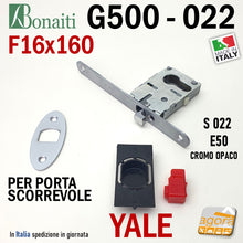 Carica l'immagine nel visualizzatore di Gallery, SERRATURA A GANCIO PORTA SCORREVOLE FRONTALE 16x160mm BONAITI 022 G500 X CILINDRO YALE CROMO OPACO E50 4002205097