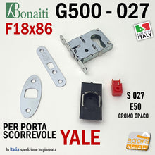 Carica l'immagine nel visualizzatore di Gallery, SERRATURA A GANCIO PORTA SCORREVOLE FRONTALE 18x86mm BONAITI 027 G500 X CILINDRO YALE CROMO OPACO E50 4002705097 kit completo contropiastra