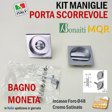 Carica l'immagine nel visualizzatore di Gallery, GUARNITURA PER PORTE A SCRIGNO SCORREVOLI MANIGLIE CON LEVETTA MONETA LIBERO OCCUPATO PER SERRATURE BAGNO QUADROTTO 6X6 8X8 MM SATINATA CROMATA