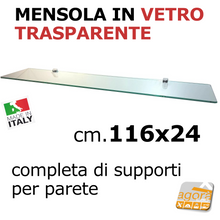 Load image into Gallery viewer, RIPIANO VETRO MENSOLA CRISTALLO CM 24x116 SP 8mm CON SUPPORTI X PARETE LIBRERIA