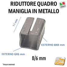 Carica l'immagine nel visualizzatore di Gallery, riduttore riduzione adattatore quadrotto per maniglie serrature bagno quadro da 8 a 6mm 6-8 8-6 in metallo lunghezza 11mm corto