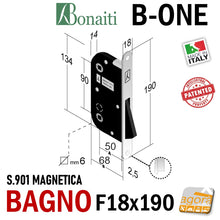 Carica l'immagine nel visualizzatore di Gallery, disegno tecnico misure quote corpo SERRATURA PORTA INTERNA MAGNETICA B-ONE BONAITI S901 WC BAGNO FRONTALE 18X190MM ENTRATA E50MM INTERASSE I90MM OTTONE LUCIDO 489010501E PER LOCALI PUBBLICI TOILET Quadro Nottolino 6x6 moneta libero occupato