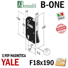 Carica l'immagine nel visualizzatore di Gallery, disegno tecnico quotato misure SERRATURA PORTA INTERNA MAGNETICA B-ONE BONAITI S909 YALE FRONTALE 18X190MM E50 INT85 OTTONE X CILINDRO Frontale esterno 193x21mm con dentello per eurocilindro cilindro chiave sicurezza x esterno 489090501E