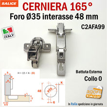 Load image into Gallery viewer, CERNIERA CUCINA SALICE 165° FORO 35 BATTUTA ESTERNA C2AFA99 interasse 48mm PER ANTA DEL MOBILE sormonto completo della spalla battuta esterna