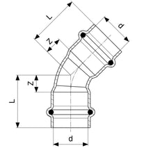 Carica l'immagine nel visualizzatore di Gallery, Raccordo Idraulico a pressare pinzare VIEGA PRESTABO Press-Fitting Acciaio O-Ring Curva 45 gradi FF Femmina Femmina Rosso schema