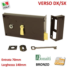 Carica l'immagine nel visualizzatore di Gallery, verso dx-sx bonaiti serratura made in italy door lock finitura bronzata con contropiastra chiave e catenaccio bonaiti E70mm L140mmm