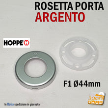 Carica l'immagine nel visualizzatore di Gallery, accessori maniglie per porte rosetta bocchetta maniglia argento cromo opaco satinata design piccola Hoppe ricambio kit