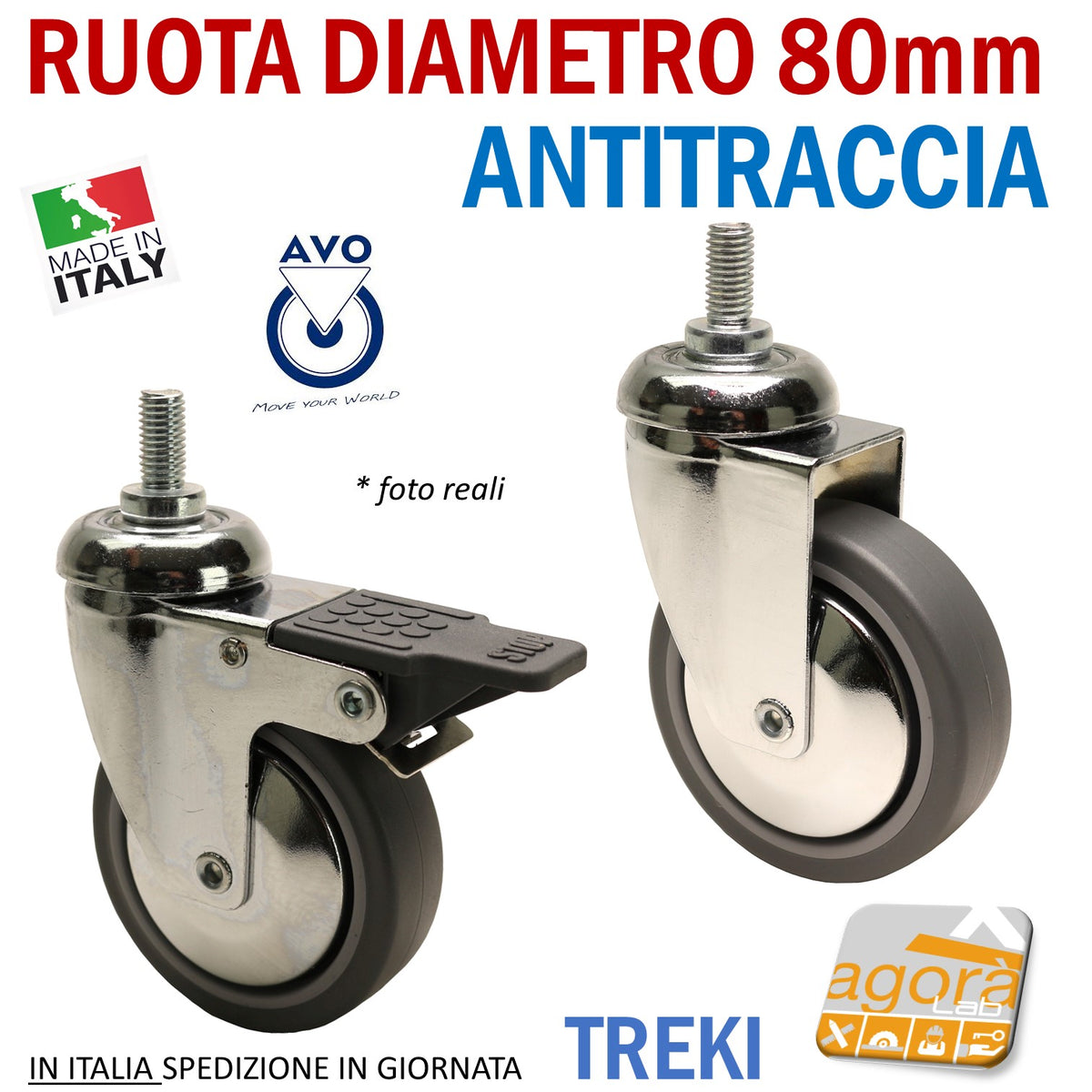 Ruota In Gomma Grigia Girevole Con Perno Filettato 125 Mm – Confezione Da 80 Pezzi