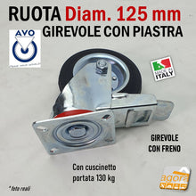 Carica l'immagine nel visualizzatore di Gallery, Ruote AVO aldo Valsecchi in metallo cromato gomma nera con cuscinetto e piastra girevole diametro 125mm grande portata molto pesante per carrelli telai mobili pesanti ruote girevoli