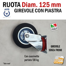 Carica l'immagine nel visualizzatore di Gallery, Ruote AVO aldo Valsecchi in metallo cromato gomma nera con cuscinetto e piastra girevole diametro 125mm grande portata molto pesante per carrelli telai mobili pesanti serie gomma 112 80