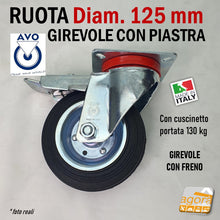 Carica l'immagine nel visualizzatore di Gallery, Ruote AVO aldo Valsecchi in metallo cromato gomma nera con cuscinetto e piastra girevole diametro 125mm grande portata molto pesante per carrelli telai mobili pesanti