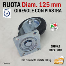 Carica l'immagine nel visualizzatore di Gallery, Ruote AVO aldo Valsecchi in metallo cromato gomma nera con cuscinetto e piastra girevole diametro 125mm grande portata molto pesante per carrelli telai mobili pesanti ruota altezza 155mm