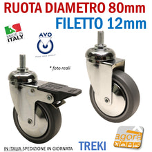 Carica l'immagine nel visualizzatore di Gallery, RUOTA ANTITRACCIA GIREVOLE DIAMETRO 80MM CON PERNO FILETTATO M12 CON FRENO SENZA FRENO CROMATA GRIGIO TREKI 220CB-BISB RUOTE