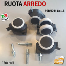 Carica l'immagine nel visualizzatore di Gallery, Ruote per arredamento alta portata peso 65kg doppia in gomma nera grigia diametro 5cm 50mm perno acciaio metallico filetto M 8mm girevole con freno senza freno italiana economica ma robusta