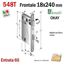 Carica l'immagine nel visualizzatore di Gallery, SERRATURA PORTA PATENT OKAY F18x240mm BONAITI 548T completa di CHIAVE E60 I90 CROMO NICHEL