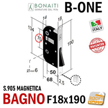 Carica l'immagine nel visualizzatore di Gallery, SERRATURA PORTA INTERNA MAGNETICA B-ONE BONAITI S905 BAGNO WC FRONTALE 18X190MM E50 INT70 NERO MATT BLACK NERA DOOR LOCK METAL interasse 7cm doppio quadro 6x6 8x8