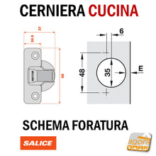 Load image into Gallery viewer, SERIE 200 interasse 48 CERNIERA CERNIERE SALICE PER ANTE PORTE MOBILI CUCINA COLLO 17 ALTO FORO MM.35 BATTUTA INTERNA RAPIDA C2A6P99