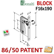 Carica l'immagine nel visualizzatore di Gallery, Disegno quotato misure dettagli SERRATURA PORTA BONAITI BLOCK 86 -50 CHIAVE PATENT FRONTALE F 16X190MM E50 I70 OTTONE LUCIDO MECCANICA serrature originali in pronta consegna entrata 5cm interasse 7cm frontale 19cm con scrocco solo in alto senza linguetta