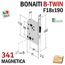 Carica l'immagine nel visualizzatore di Gallery, SERRATURA MAGNETICA PER PORTA B-TWIN marca BONAITI art.341 WC BAGNO FRONTALE 18X190MM E50 I90 CROMO SATINATO cromo lucido cromata