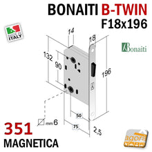 Carica l'immagine nel visualizzatore di Gallery, ricambio SERRATURA PORTA MAGNETICA B-TWIN BONAITI 351 WC BAGNO FRONTALE 18X196MM E50 I90 CROMO SATINATO