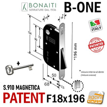 Carica l'immagine nel visualizzatore di Gallery, schema tecnico quotato SERRATURA PORTA INTERNA MAGNETICA B-ONE BONAITI S910 FRONTALE F 18X196MM E50 INTERASSE 70MM E 90MM CHIAVE NORMALE entrata 5 cm serrature b-one magnetiche cromo satinata frontale 196mm