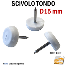 Carica l'immagine nel visualizzatore di Gallery, scivolino punta chiodo per sedie tavoli mobili piccolo compatto diametro 1,5cm 15mm in plastica economico leggero ma robusto e funzionale - nail tip slide white
