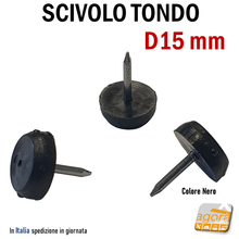 Carica l'immagine nel visualizzatore di Gallery, scivolino nero punta chiodo per sedie tavoli mobili piccolo compatto diametro 1,5cm 15mm in plastica economico leggero ma robusto e funzionale - nail tip slide black