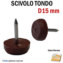Carica l'immagine nel visualizzatore di Gallery, piedino scivolino punta chiodo per sedie tavoli mobili piccolo compatto diametro 1,5cm 15mm in plastica economico leggero ma robusto e funzionale - nail tip slide brown light