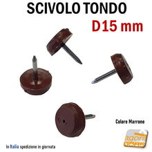 Carica l'immagine nel visualizzatore di Gallery, 32pz PIEDINO SCIVOLO CON CHIODO PLASTICA D15 MARRONE SOTTOSEDIA X MOBILI FELTRO