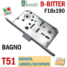 Load image into Gallery viewer, Serratura per porta interna bagno wc bagni pubblici toilet bonaiti b-bitter frontale f18x190mm interasse 90mm entrata 50mm meccanica reversibile argento cromo opaco doppio quadro per nottolino per manopola libero occupato moneta