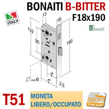 Load image into Gallery viewer, Serratura per porta interna bagno wc bagni pubblici toilet bonaiti b-bitter frontale f18x190mm interasse 90mm entrata 50mm meccanica reversibile argento cromo opaco doppio quadro per nottolino per manopola libero occupato moneta misure - door lock wc