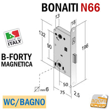 Load image into Gallery viewer, SERRATURA PORTA MAGNETICA B-FORTY BONAITI N66 WC BAGNO FRONTALE 18X196MM E50 I90 entrata 5cm interasse 9cm frontale 196x18mm cromo opaco cromata doppio quadro 8x8 e 6x6mm scrocco centrale