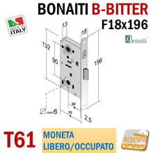 Carica l'immagine nel visualizzatore di Gallery, SERRATURA PORTA FRONTALE 18x196 E50 I90 BONAITI B-BITTER T61 CR OP MONETA LIBERO-OCCUPATO WC BAGNO misure