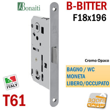 Carica l'immagine nel visualizzatore di Gallery, SERRATURA PORTA FRONTALE 18x196 E50 I90 BONAITI B-BITTER T61 CR OP MONETA LIBERO-OCCUPATO WC BAGNO ricambio