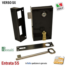 Carica l'immagine nel visualizzatore di Gallery, verso sx door lock bonaiti serrature con chiave contropiastra e scrocco e catenaccio made in italy bonaiti serratura x portoncino o porta antica
