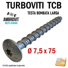 Carica l'immagine nel visualizzatore di Gallery, Viti per calcestruzzo TMT TX con rinforzo e filetto speciale TRILOW 07082 AMbrovit spa cemento armato CLS vite testa piana cilindrica larga bombata flangiata diametro 7,5mm TURBOVITE TURBOVITI Lunghezza 7,5cm 75mm TORX TX30 Ean: 8032975305585 07082 7,5X75
