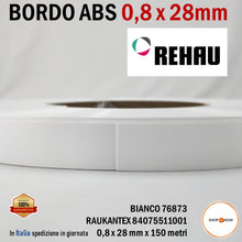 Carica l&#39;immagine nel visualizzatore di Gallery, BORDO ABS SPESSORE 0,8 MM x ALTEZZA 28 MM IN ROTOLO REHAU 76873 BIANCO IN ROTOLO bianco premium senza colla per bordatrice bordare pannelli nobilitati 84075511001 8/10 EAN 4068767527044 originale pronta consegna
