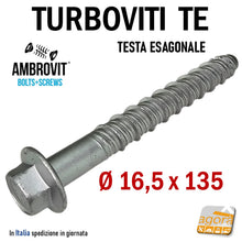 Carica l'immagine nel visualizzatore di Gallery, VITI X CLS CALCESTRUZZO TURBOVITE DIAMETRO 16,5 FORO 14MM TESTA CHIAVE 18 CEMENTO ARMATO AMBROVIT 07070 16X135MM 14CM GROSSA VITE TESTA ESAGOMALE PIATTA
