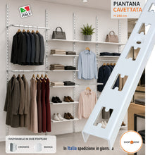 Carica l'immagine nel visualizzatore di Gallery, canalina per arredamento parete negozi scaffalatura scafalature piantana cavettata fissaggio a muro cave passo 50mm p50 5cm a U 240cm Bianca ral9010 bianco
