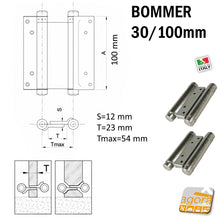 Carica l'immagine nel visualizzatore di Gallery, Disegno schema tecnico Cerniera a molla doppia azione Bommer 30/100 mm finitura nichelata per porte saloon e porte interne basculanti
