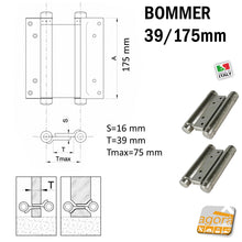 Load image into Gallery viewer, Disegno schema tecnico Cerniera a molla doppia azione Bommer 39/175 mm art.107 nichelata per porte saloon e porte interne basculanti altezza 17,5cm
