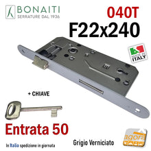 Carica l'immagine nel visualizzatore di Gallery, serratura porta bonaiti 040T 40BT frontale 240x22 entrata 50mm interasse 90mm chiave patent catenaccio 4cm
